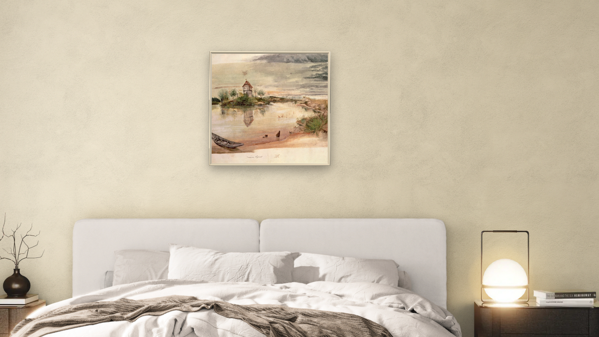 Weierhaus (w/c) by Albrecht Dürer, shown at 32 × 32 in (81.3 × 81.3 cm) on canvas in Ramino Opaque White, bedroom