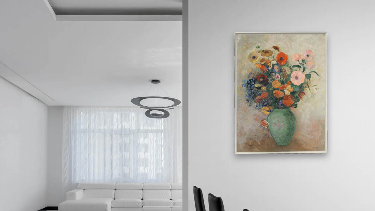 Bouquet of Flowers in a Green Vase by Odilon Redon, shown at 30 × 40 in (76.2 × 101.6 cm) on canvas in Ramino Opaque White, dining