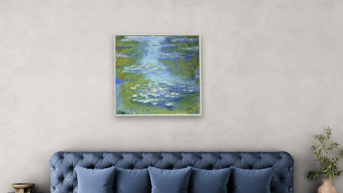 Water Lilies by Claude Monet, shown at 32 × 32 in (81.3 × 81.3 cm) on canvas in Ramino Opaque White, bedroom