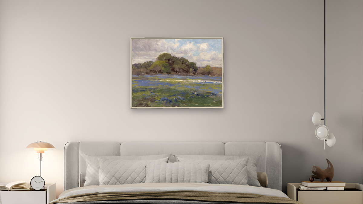 A Road through the Bluebonnets by Julian Onderdonk, shown at 30 × 40 in (76.2 × 101.6 cm) on canvas in Ramino Opaque White, bedroom