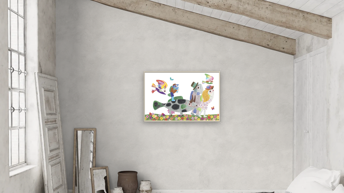 Fish is Fish XI by Leo Lionni, shown at 28 × 42 in (71.1 × 106.7 cm) on canvas in Ramino Opaque White, bedroom