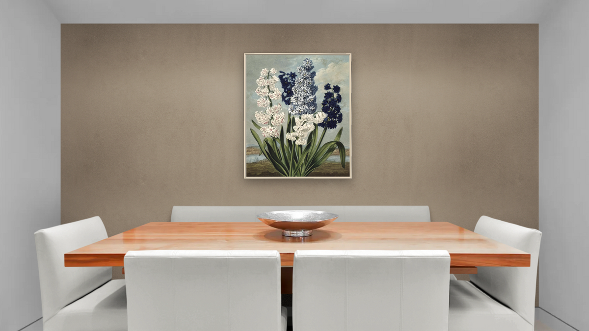 Hyacinths by Robert John Thornton, shown at 32 × 40 in (81.3 × 101.6 cm) on canvas in Ramino Opaque White, dining