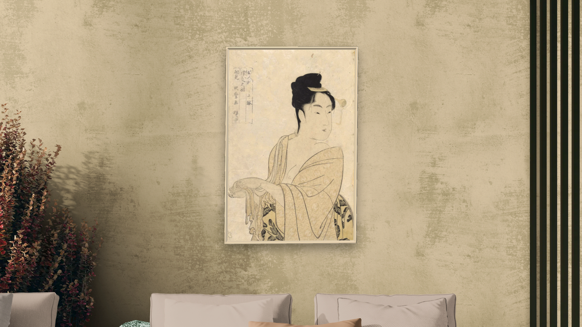 Flirtatious Lover by Kitagawa Utamaro, shown at 28 × 42 in (71.1 × 106.7 cm) on canvas in Ramino Opaque White, living