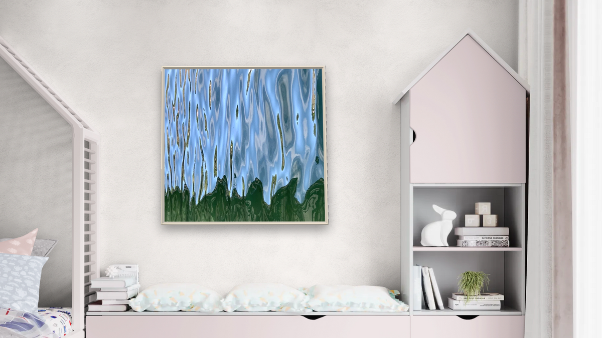 Rain on Green Mountains by Judith Rayl, shown at 32 × 32 in (81.3 × 81.3 cm) on canvas in Ramino Opaque White, bedroom