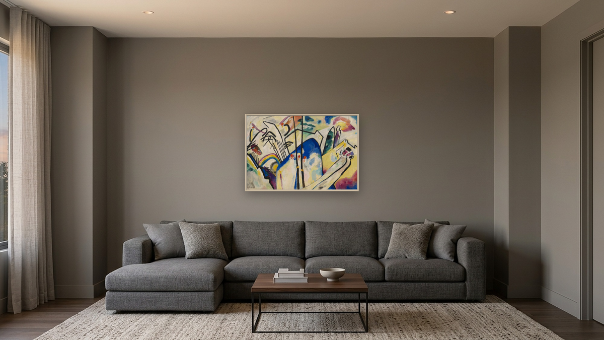 Composition IV by Wassily Kandinsky, shown at 28 × 42 in (71.1 × 106.7 cm) on canvas in Ramino Opaque White, media room