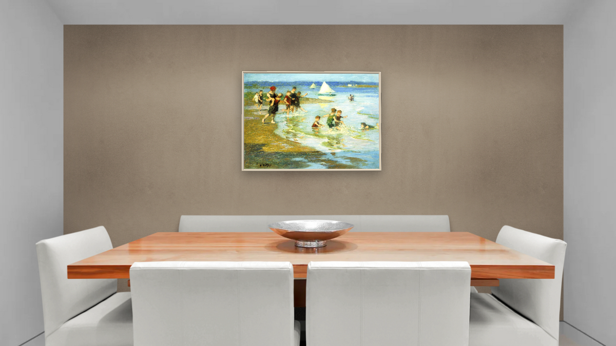 Children at Play on the Beach by Edward Henry Potthast, shown at 30 × 40 in (76.2 × 101.6 cm) on canvas in Ramino Opaque White, dining