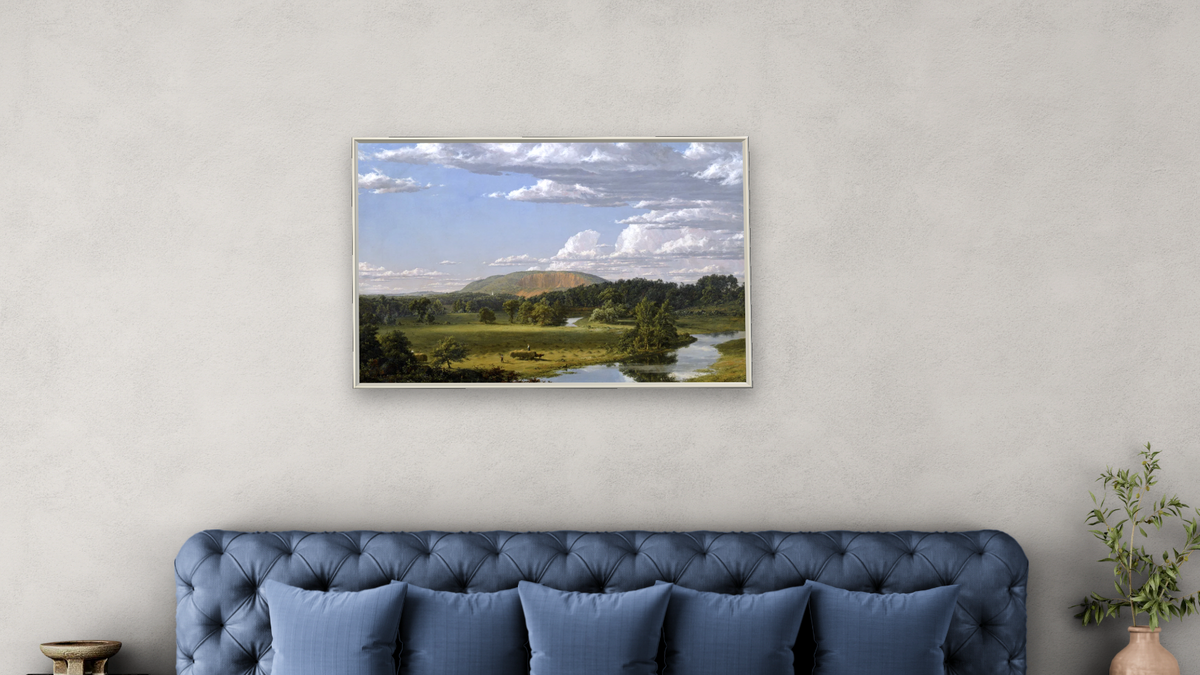 West Rock, New Haven by Frederic Edwin Church, shown at 28 × 42 in (71.1 × 106.7 cm) on canvas in Ramino Opaque White, bedroom