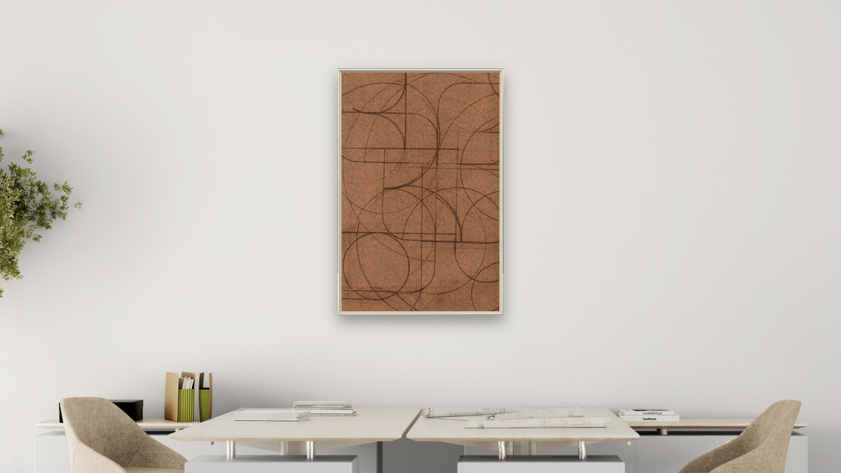 Curved 1 by Dan Hobday, shown at 28 × 42 in (71.1 × 106.7 cm) on canvas in Ramino Opaque White, office