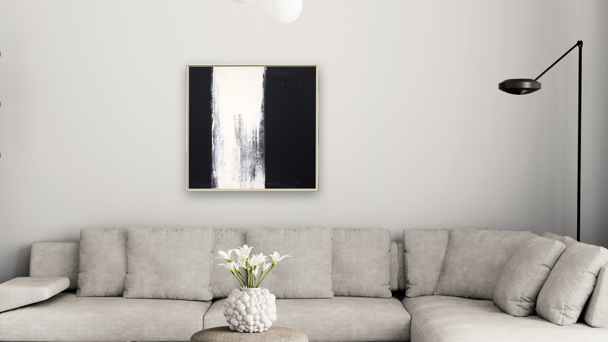 Black and White 1 by Tayt Modern, shown at 32 × 32 in (81.3 × 81.3 cm) on canvas in Ramino Opaque White, living