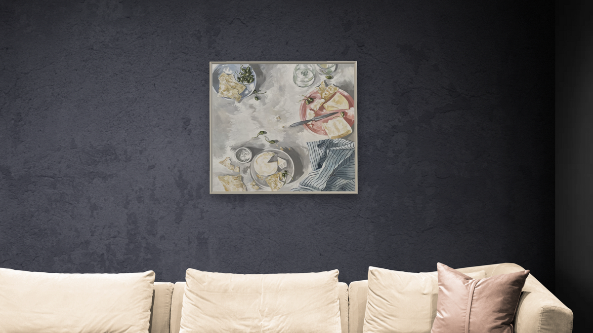 Have Your Cheese and Eat It Too, shown at 32 × 32 in (81.3 × 81.3 cm) on canvas in Ramino Opaque White, living