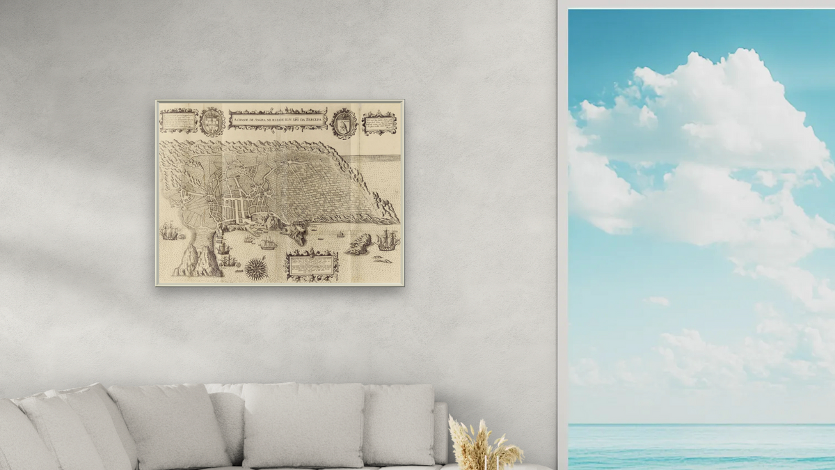 A Cidade de Angra. Na Ilhade Iesu Xpoda Tercera by Jan Huygen Van Linschoten, shown at 30 × 40 in (76.2 × 101.6 cm) on canvas in Ramino Opaque White, living