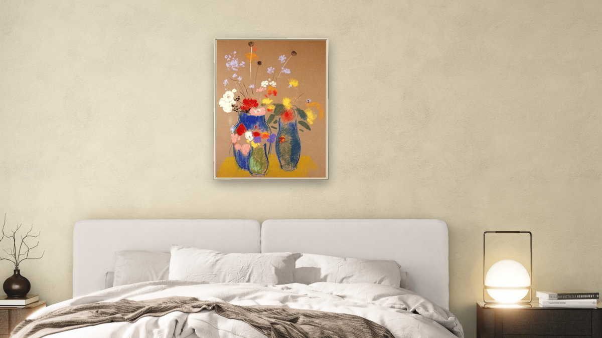 Three Vases of Flowers by Odilon Redon, shown at 30 × 40 in (76.2 × 101.6 cm) on canvas in Ramino Opaque White, bedroom