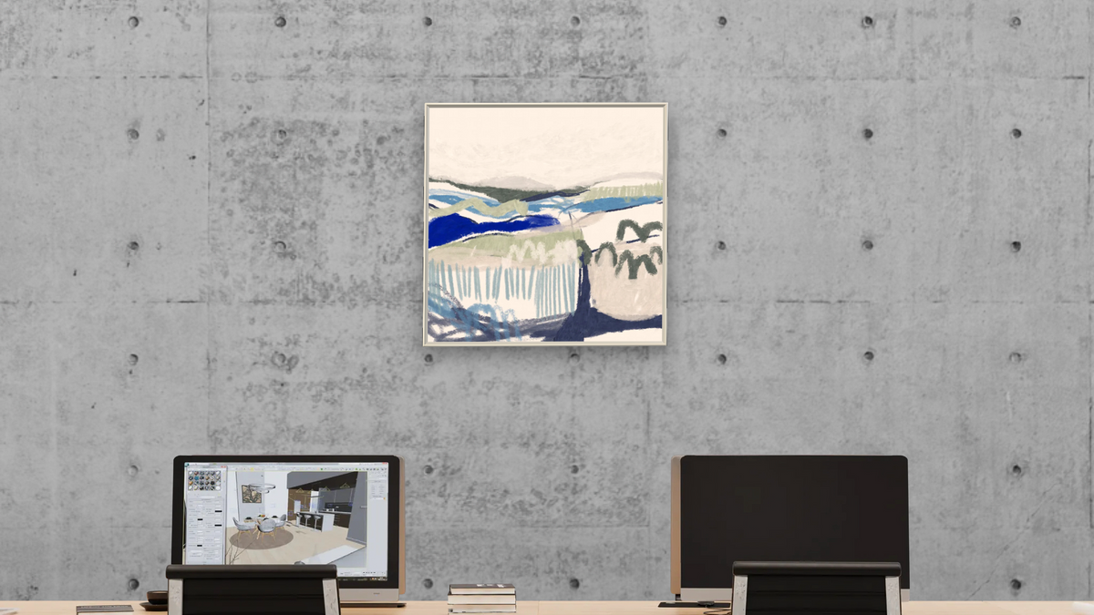 Kent Coast by Dan Hobday, shown at 32 × 32 in (81.3 × 81.3 cm) on canvas in Ramino Opaque White, office