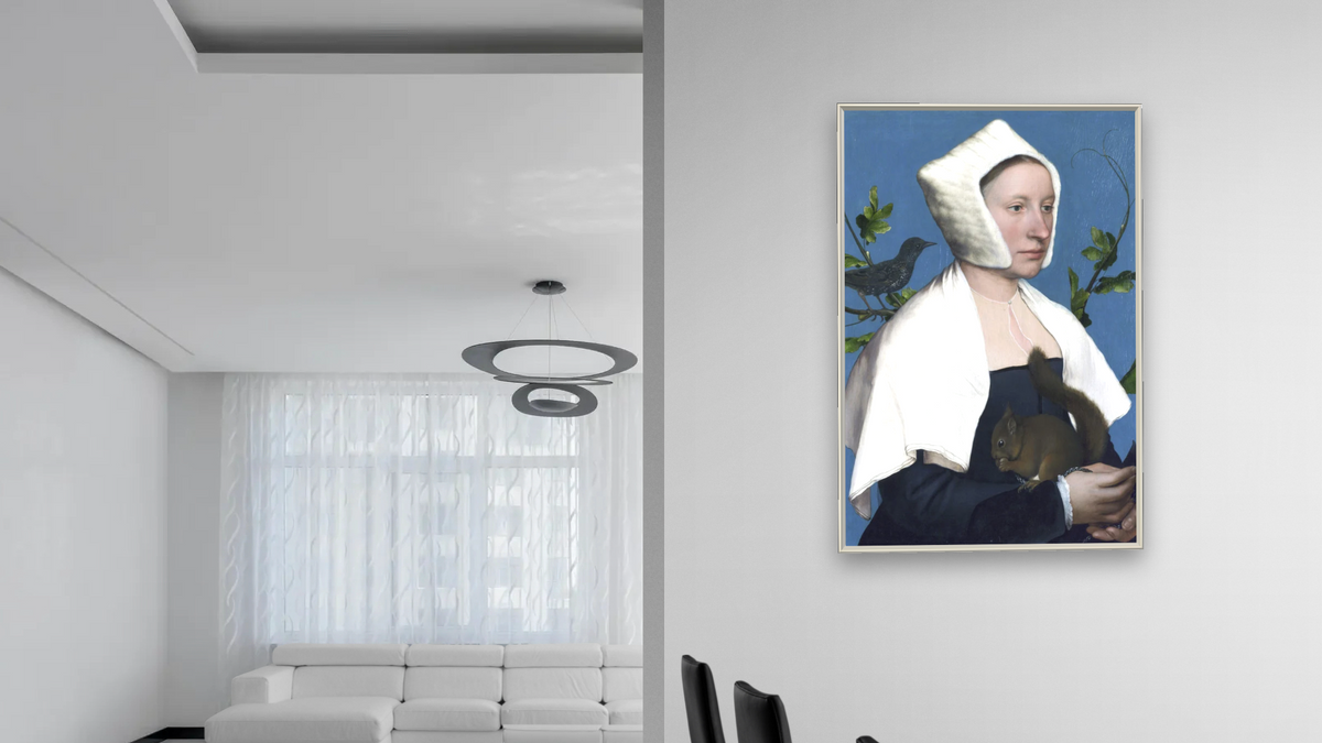 Lady with a Squirrel and a Starling by Hans Holbein the Younger, shown at 28 × 42 in (71.1 × 106.7 cm) on canvas in Ramino Opaque White, dining