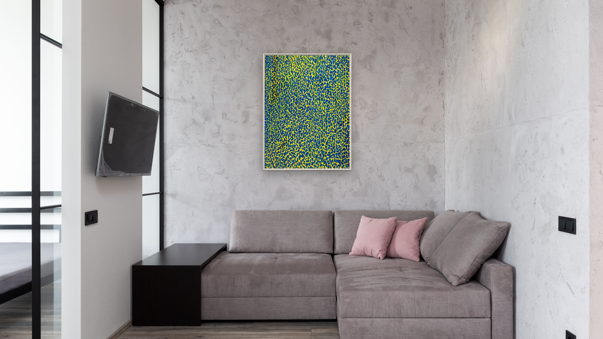 Aquatic Gardens by Alma Thomas, shown at 30 × 40 in (76.2 × 101.6 cm) on canvas in Ramino Opaque White, media room