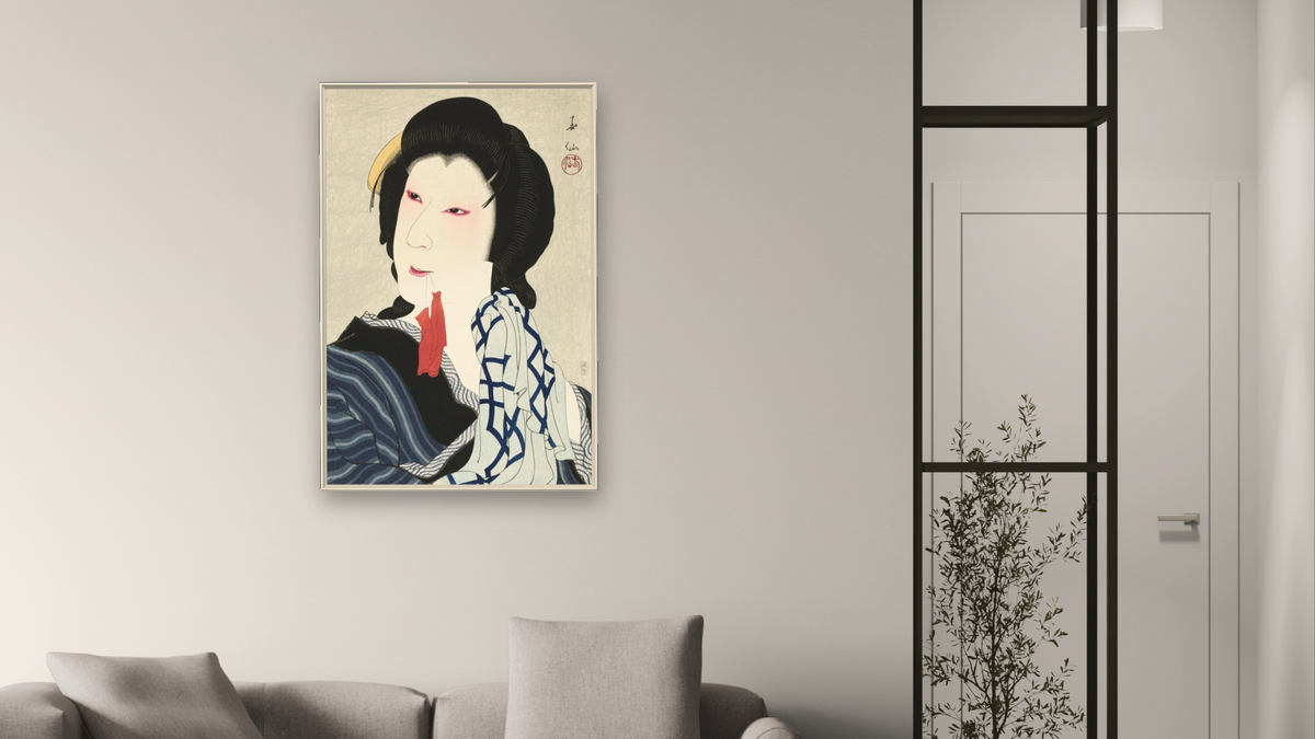 The Actor Ichikawa Kigan as Otomi by Natori Shunsen, shown at 28 × 42 in (71.1 × 106.7 cm) on canvas in Ramino Opaque White, living