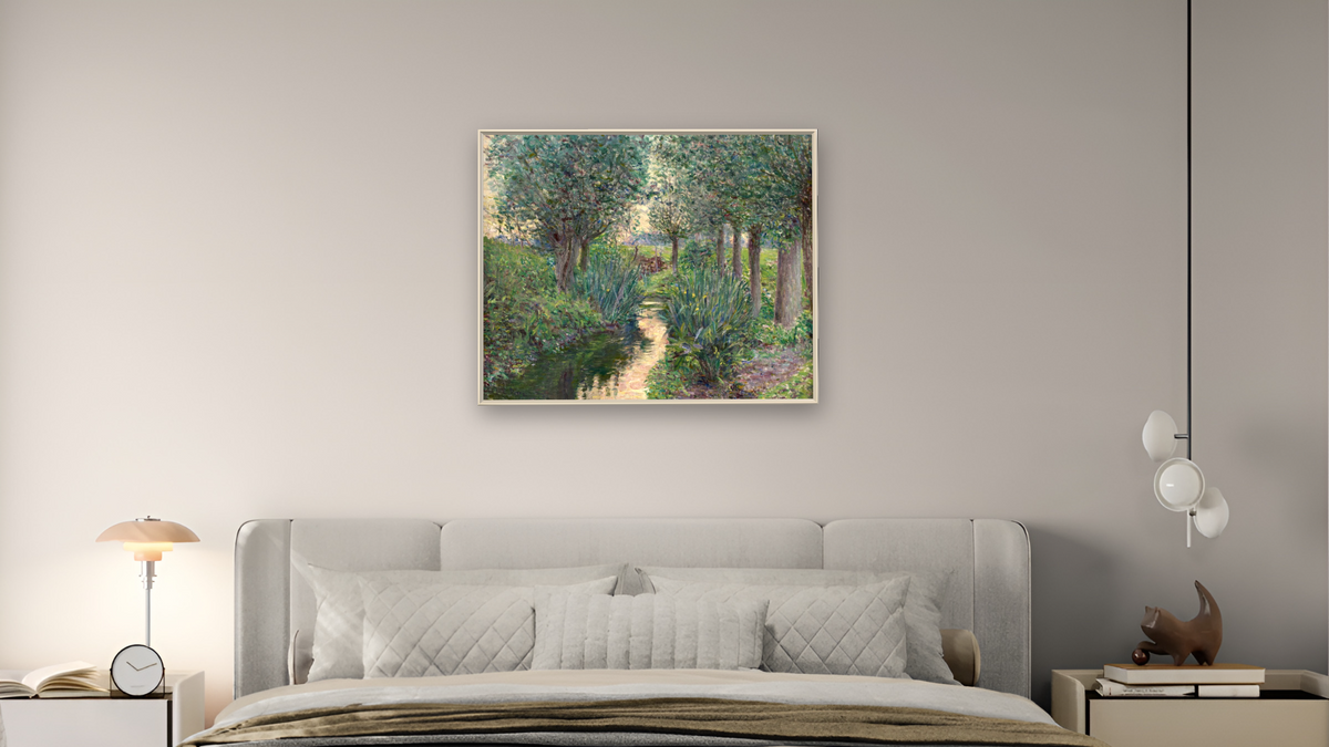 A Stream Beneath Poplars by Lilla Cabot Perry, shown at 32 × 40 in (81.3 × 101.6 cm) on canvas in Ramino Opaque White, bedroom