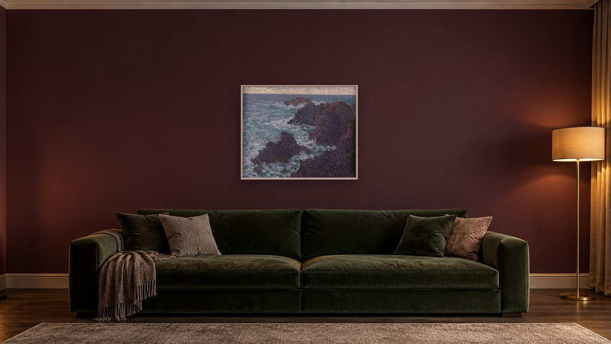 The Rocks at Belle Ile, the Wild Coast by Claude Monet, shown at 32 × 40 in (81.3 × 101.6 cm) on canvas in Ramino Opaque White, den