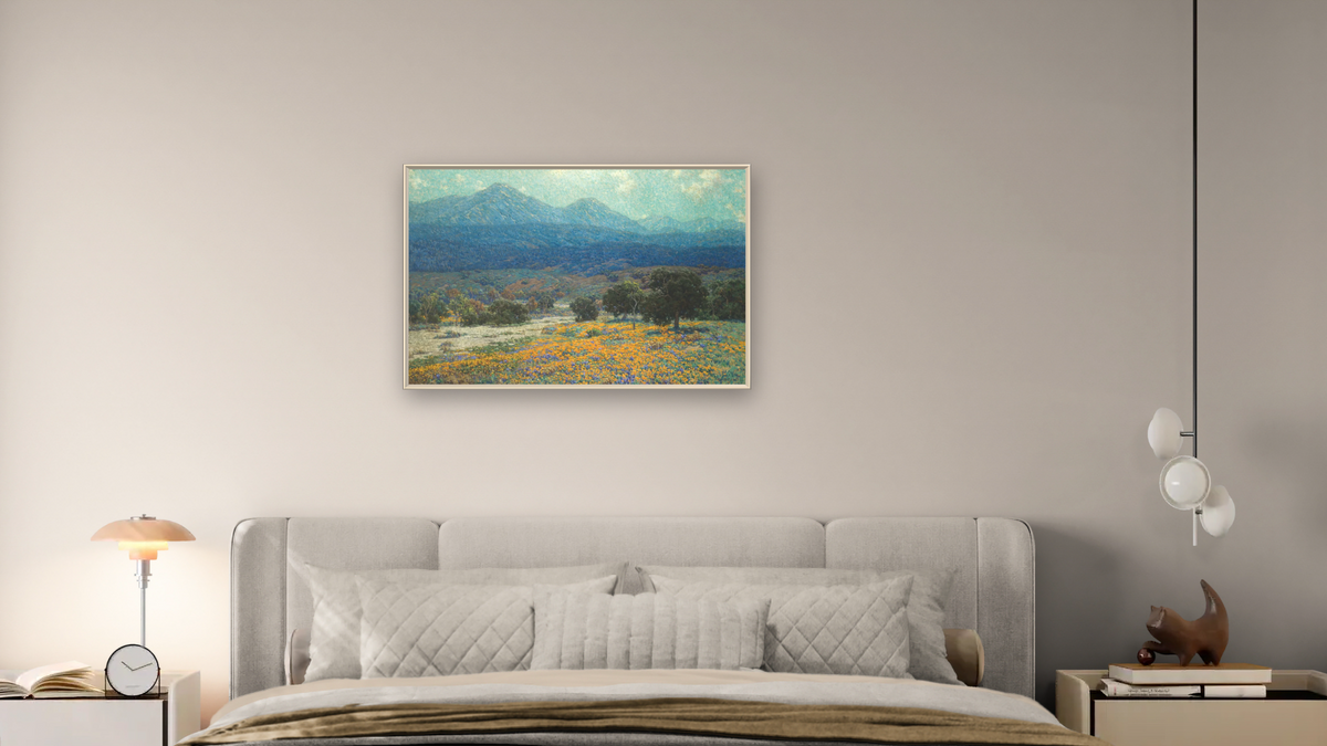 California Poppy Field by Granville Seymour Redmond, shown at 28 × 42 in (71.1 × 106.7 cm) on canvas in Ramino Opaque White, bedroom