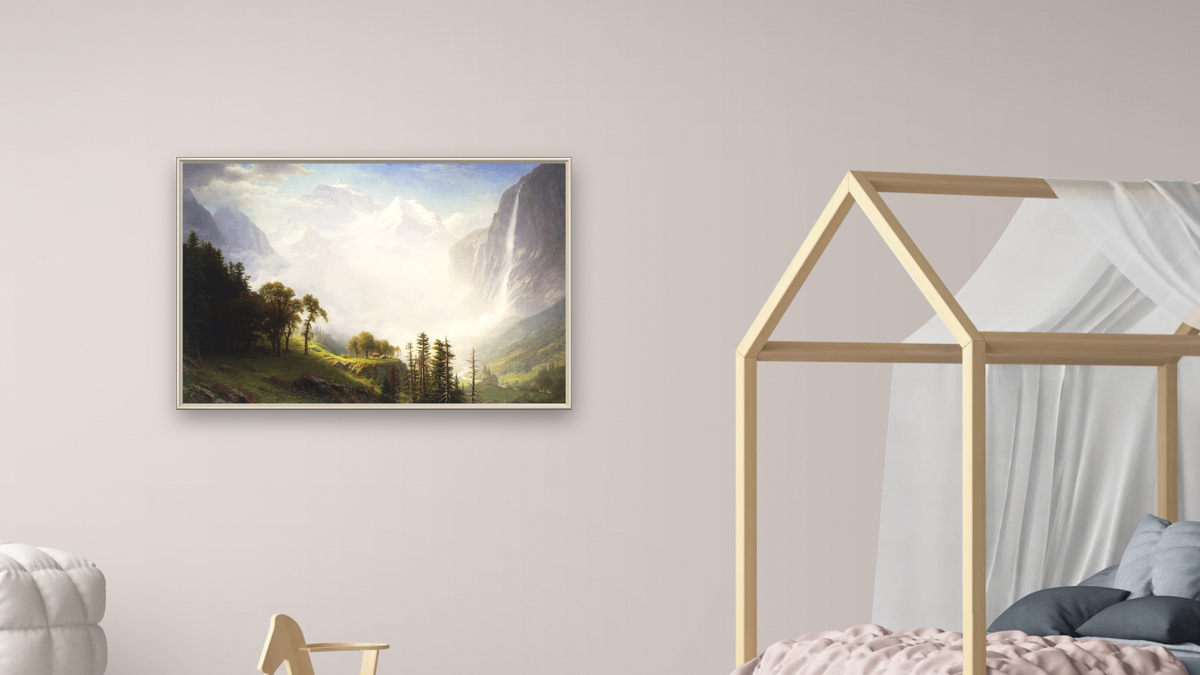 Majesty of the Mountains by Albert Bierstadt, shown at 28 × 42 in (71.1 × 106.7 cm) on canvas in Ramino Opaque White, bedroom