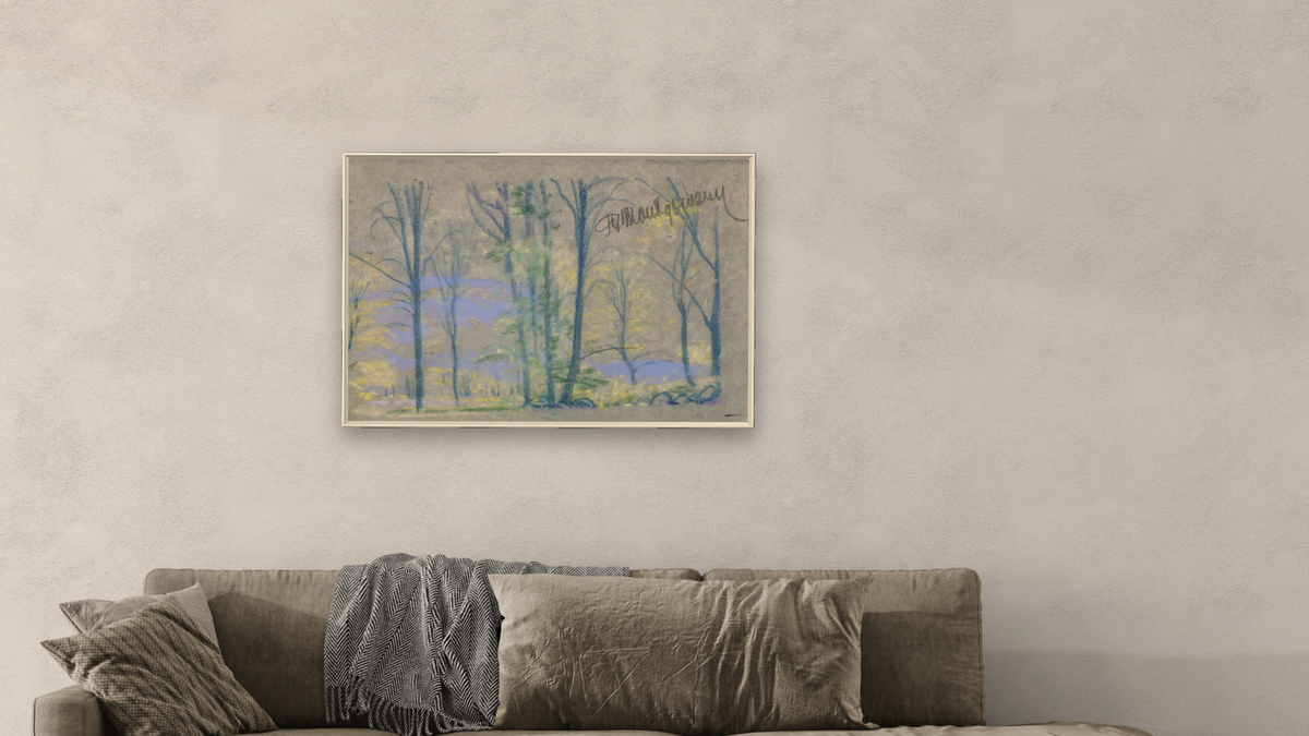 Landscape with trees from A.B. Davies book, edition #23/50 by Arthur Bowen Davies, shown at 28 × 42 in (71.1 × 106.7 cm) on canvas in Ramino Opaque White, living