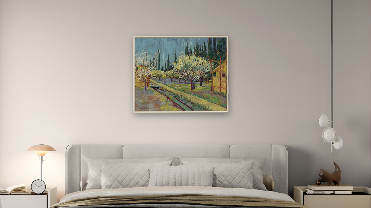 Orchard Bordered by Cypresses by Vincent van Gogh, shown at 32 × 40 in (81.3 × 101.6 cm) on canvas in Ramino Opaque White, bedroom