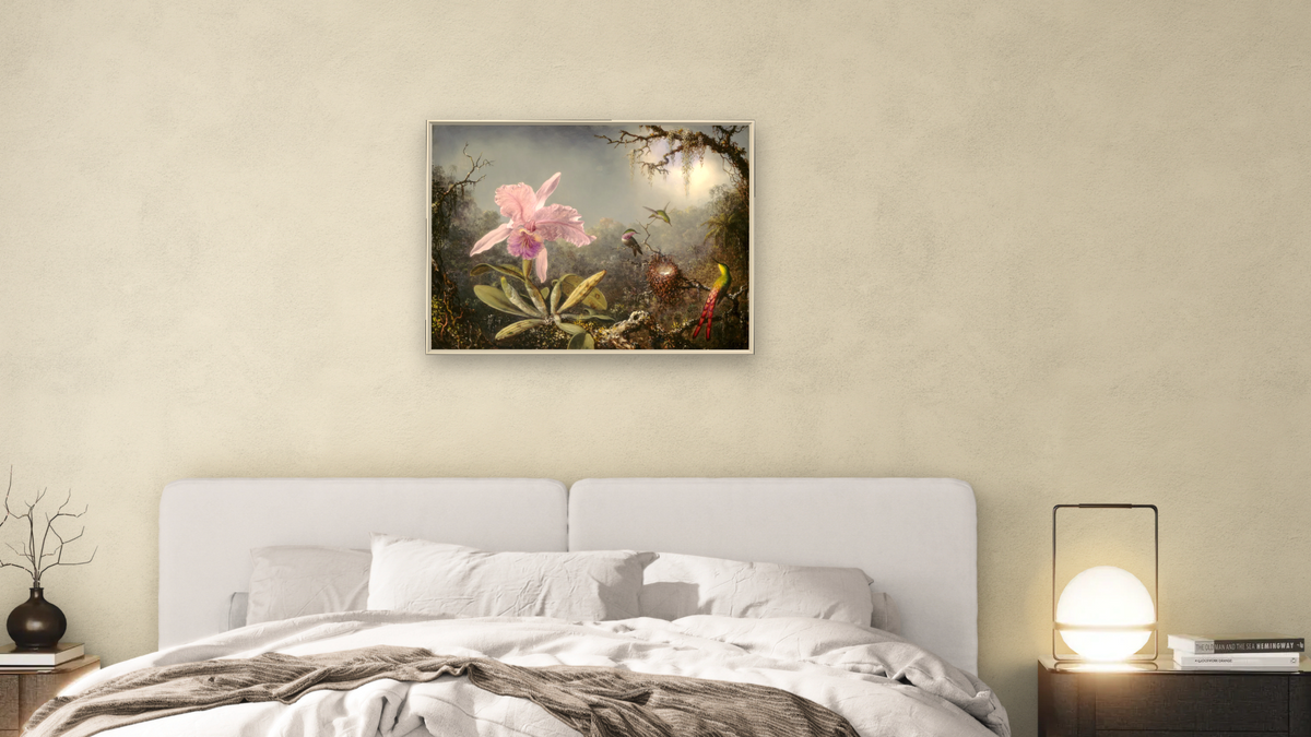 Cattleya Orchid and Three Hummingbirds by Martin Johnson Heade, shown at 30 × 40 in (76.2 × 101.6 cm) on canvas in Ramino Opaque White, bedroom