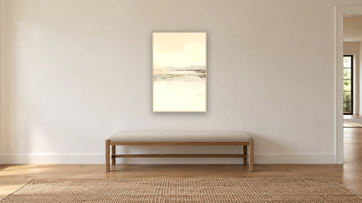 Calm Set 1 by Dan Hobday, shown at 28 × 42 in (71.1 × 106.7 cm) on canvas in Ramino Opaque White, hallway