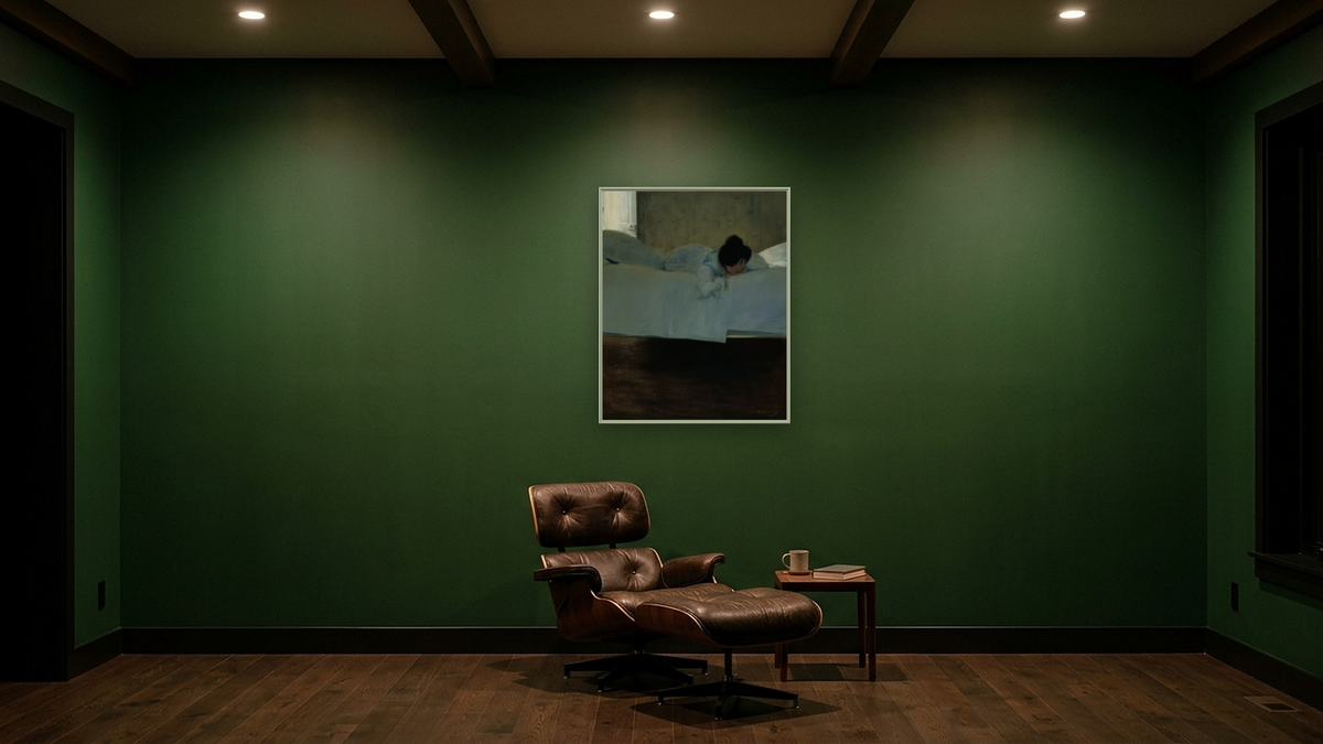 La mandra by Ramón Casas, shown at 32 × 40 in (81.3 × 101.6 cm) on canvas in Ramino Opaque White, den