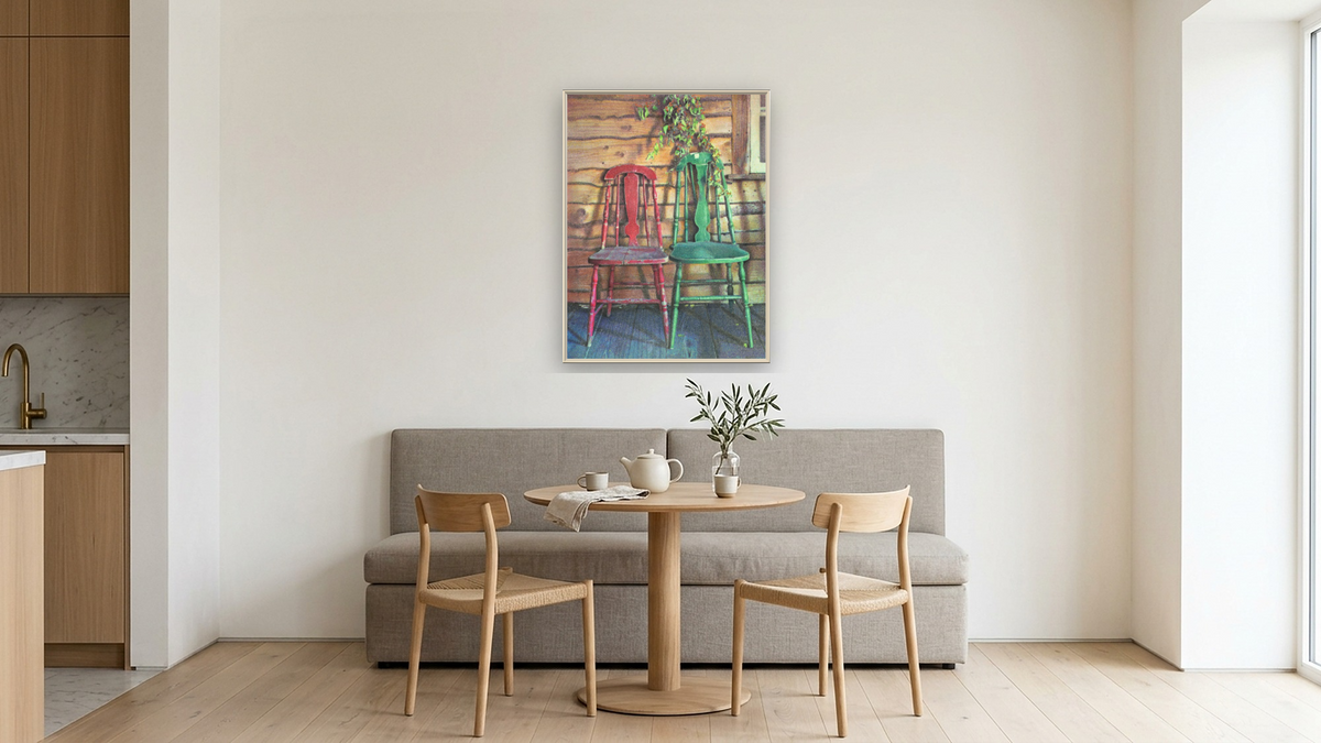 Porch Chairs by Kirsten Söderlind, shown at 30 × 40 in (76.2 × 101.6 cm) on canvas in Ramino Opaque White, kitchen