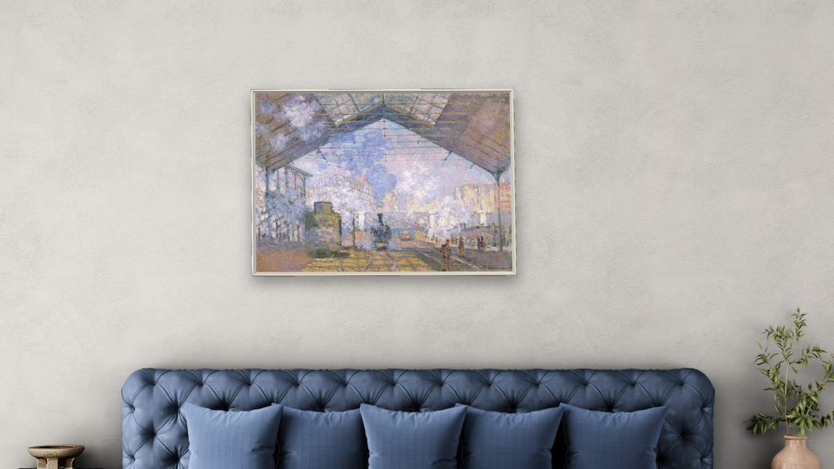 The Gare St. Lazare by Claude Monet, shown at 30 × 40 in (76.2 × 101.6 cm) on canvas in Ramino Opaque White, bedroom