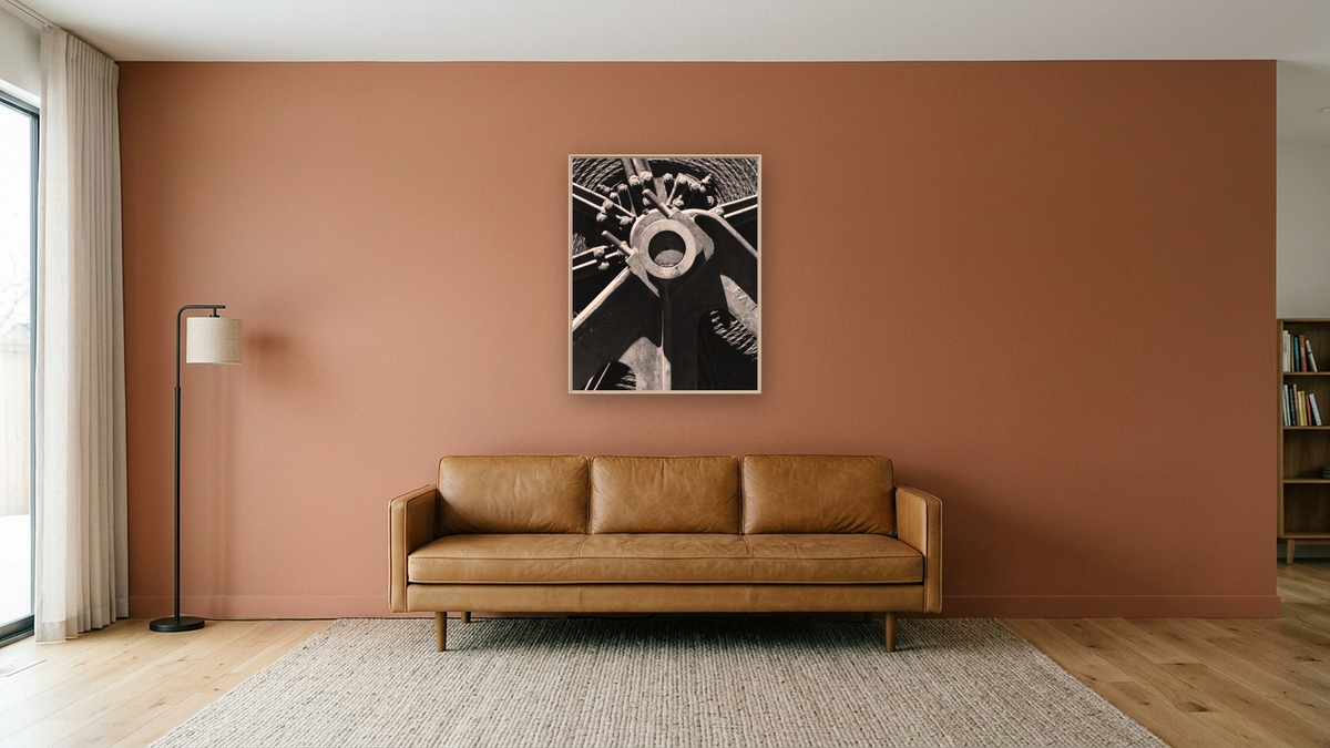 Cable Spool by Gordon Osmundson, shown at 32 × 40 in (81.3 × 101.6 cm) on canvas in Ramino Opaque White, media room