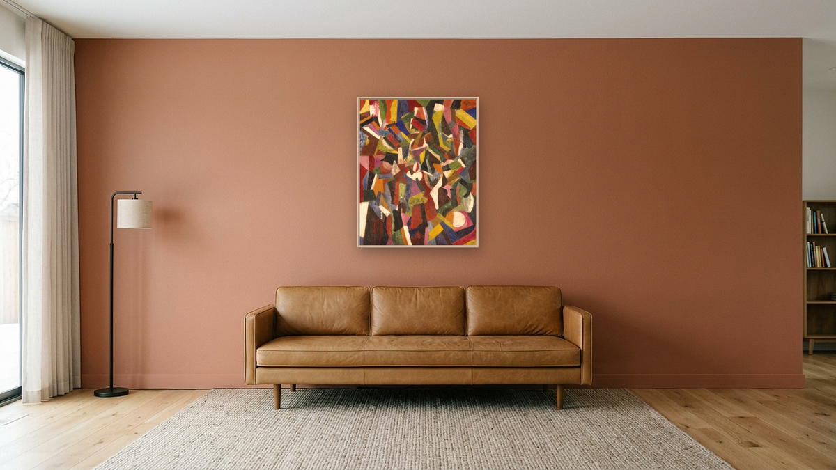 Composition VI by Patrick Henry Bruce, shown at 32 × 40 in (81.3 × 101.6 cm) on canvas in Ramino Opaque White, media room