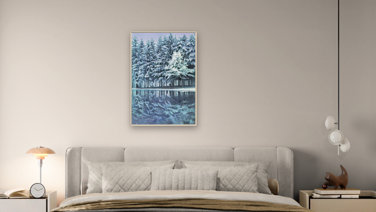Winter Reflections by Kirsten Söderlind, shown at 28 × 42 in (71.1 × 106.7 cm) on canvas in Ramino Opaque White, bedroom