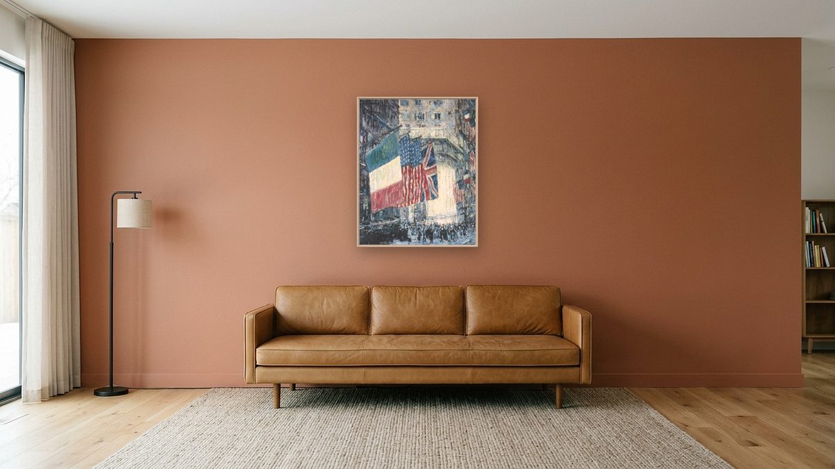 Avenue of the Allies by Childe Hassam, shown at 32 × 40 in (81.3 × 101.6 cm) on canvas in Ramino Opaque White, media room