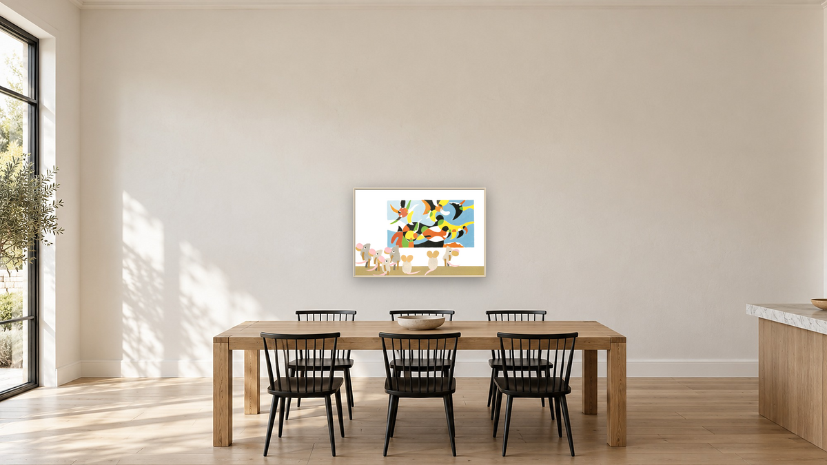 Matthew's Dream XIV by Leo Lionni, shown at 28 × 42 in (71.1 × 106.7 cm) on canvas in Ramino Opaque White, kitchen