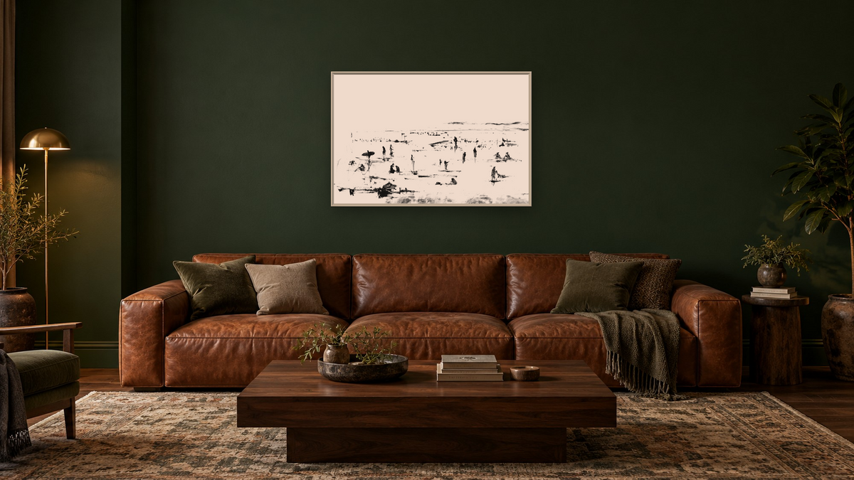 Beach People by Dan Hobday, shown at 28 × 42 in (71.1 × 106.7 cm) on canvas in Ramino Opaque White, den