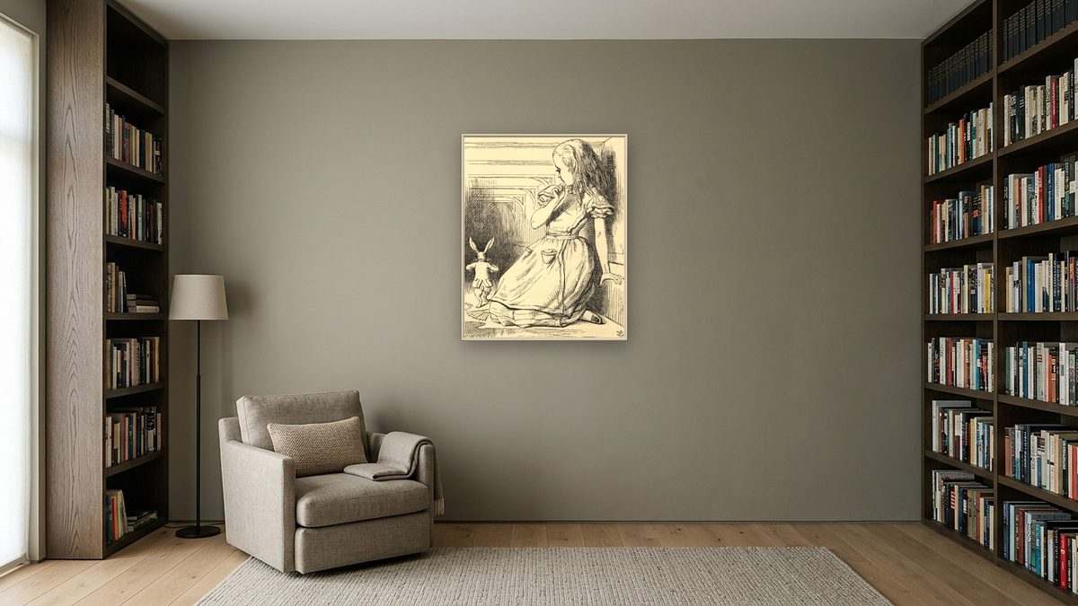 The White Rabbit is late, from 'Alice's Adventures in Wonderland' by Lewis Carroll by John Tenniel, shown at 32 × 40 in (81.3 × 101.6 cm) on canvas in Ramino Opaque White, library