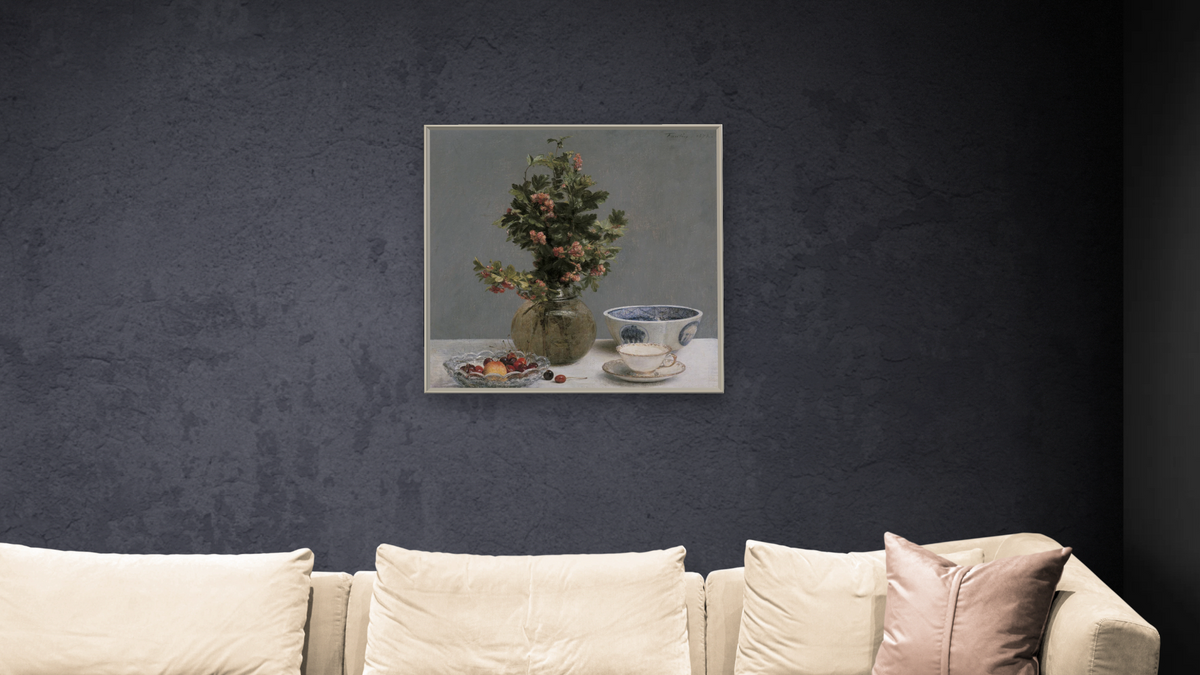 Still Life with Vase of Hawthorn, Bowl of Cherries, Japanese Bowl, and Cup and Saucer by Henri Fantin-Latour, shown at 32 × 32 in (81.3 × 81.3 cm) on canvas in Ramino Opaque White, living