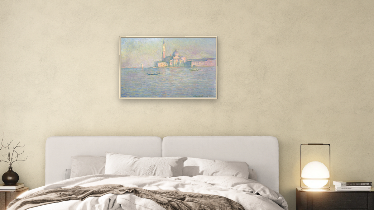 The Church of San Giorgio Maggiore, Venice by Claude Monet, shown at 28 × 42 in (71.1 × 106.7 cm) on canvas in Ramino Opaque White, bedroom