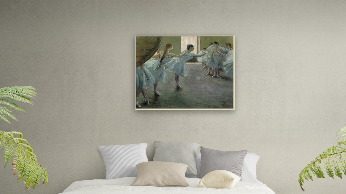 Dancers at Rehearsal by Edgar Degas, shown at 32 × 40 in (81.3 × 101.6 cm) on canvas in Ramino Opaque White, bedroom