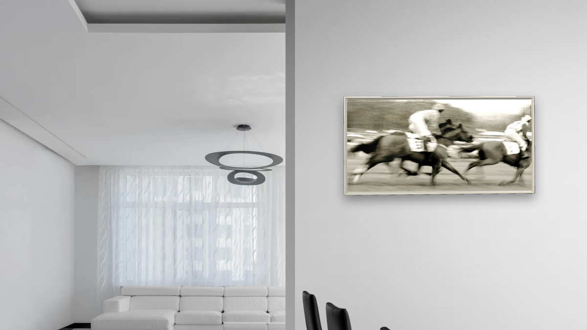 Steeple Chase 1 by Brandon Luther, shown at 20 × 40 in (50.8 × 101.6 cm) on canvas in Ramino Opaque White, dining