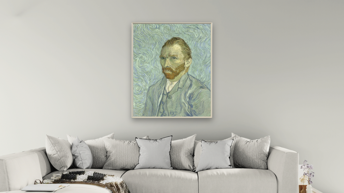 Self-portrait by Vincent van Gogh, shown at 32 × 40 in (81.3 × 101.6 cm) on canvas in Ramino Opaque White, living