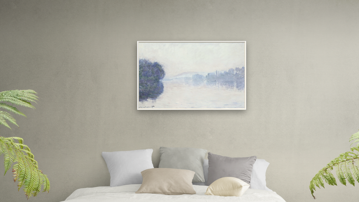 The Seine near Vernon, as Seen in the Morning by Claude Monet, shown at 28 × 42 in (71.1 × 106.7 cm) on canvas in Ramino Opaque White, bedroom