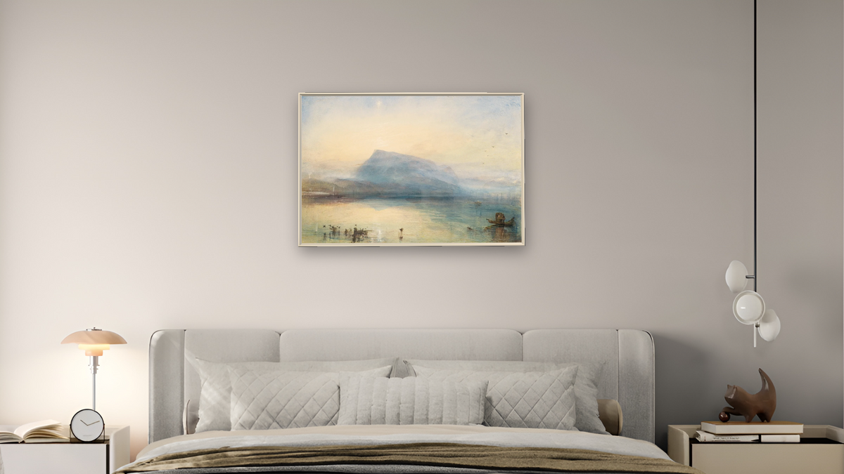 The Blue Rigi, Sunrise by Joseph Mallord William Turner, shown at 28 × 42 in (71.1 × 106.7 cm) on canvas in Ramino Opaque White, bedroom