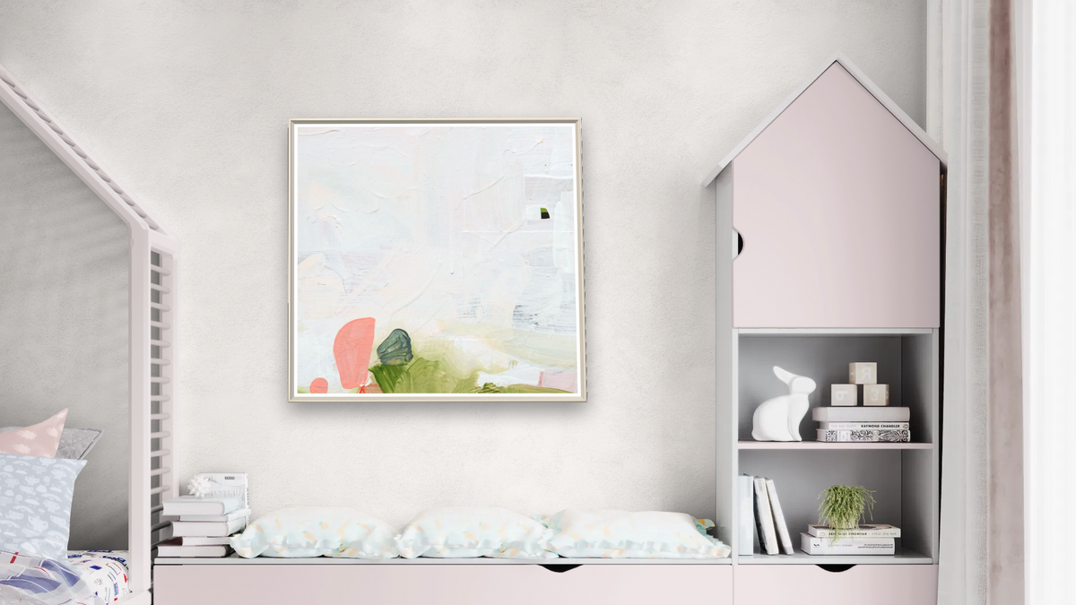Snack 13 by Nino Yuniardi, shown at 32 × 32 in (81.3 × 81.3 cm) on canvas in Ramino Opaque White, bedroom