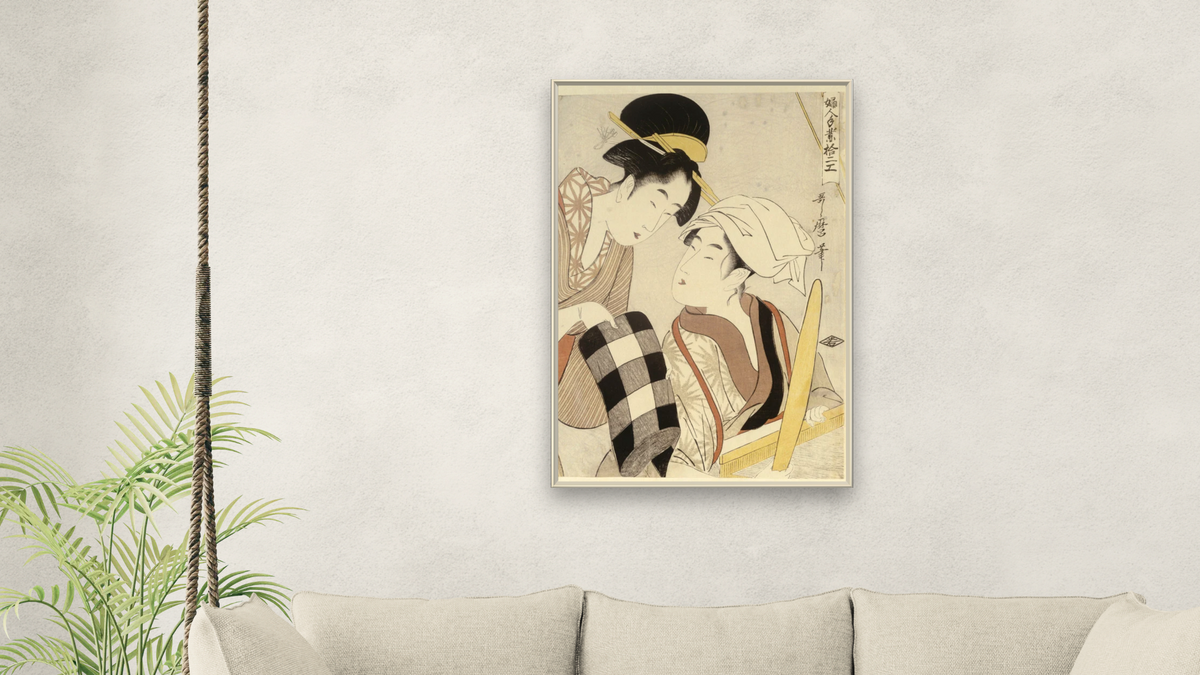 A half-length portrait of two women, one seated at a loom and the other showing a roll of black and white checkered cloth by Kitagawa Utamaro, shown at 28 × 42 in (71.1 × 106.7 cm) on canvas in Ramino Opaque White, living