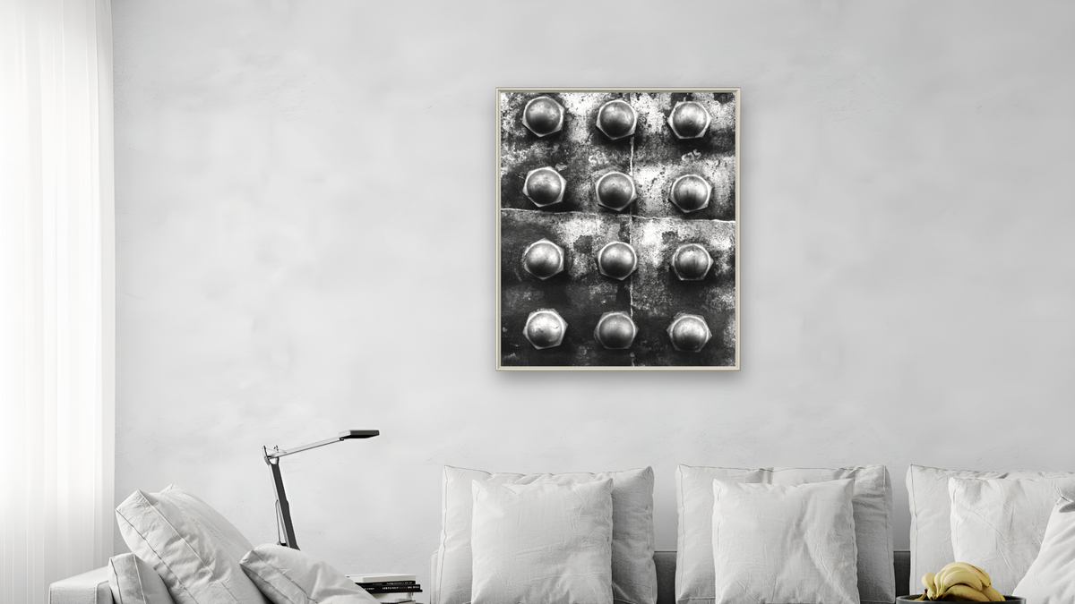 Twelve Acorn Stay Bolt Caps #2, C&TS #484 by Gordon Osmundson, shown at 32 × 40 in (81.3 × 101.6 cm) on canvas in Ramino Opaque White, living