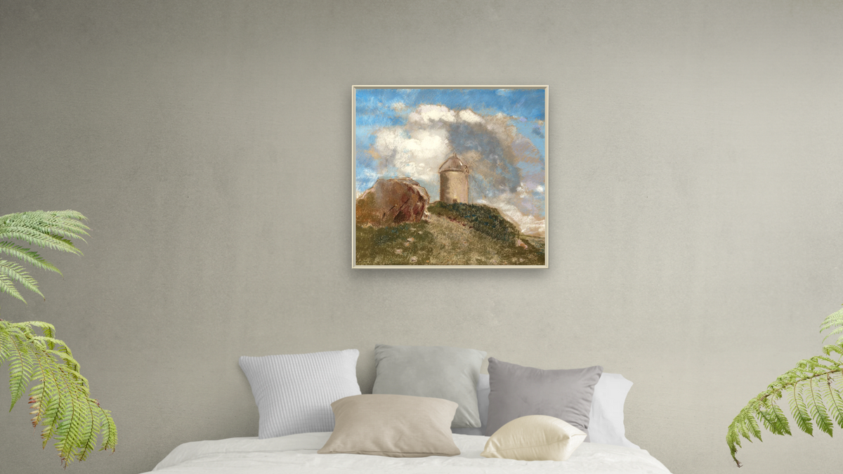 The Windmill by Odilon Redon, shown at 32 × 32 in (81.3 × 81.3 cm) on canvas in Ramino Opaque White, bedroom