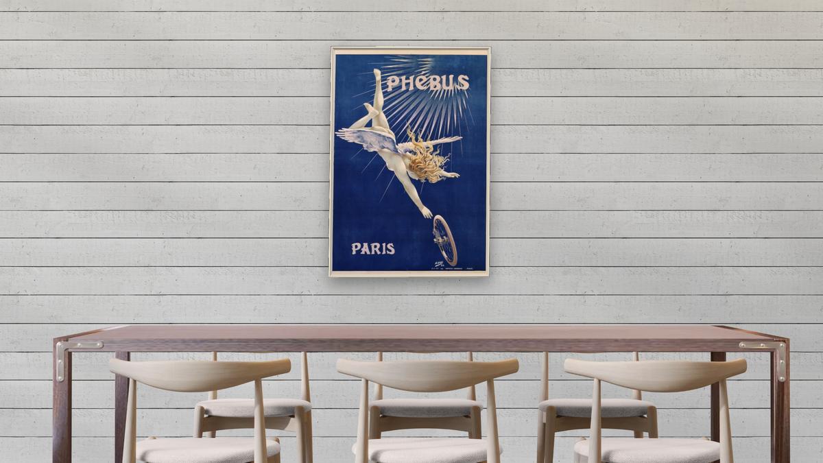 Phebus Paris Poster by Henri Gray, shown at 28 × 42 in (71.1 × 106.7 cm) on canvas in Ramino Opaque White, dining